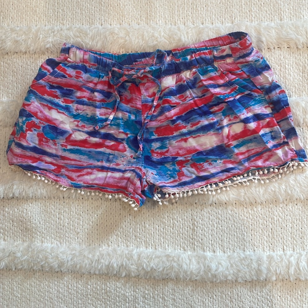 Y2K Red white blue pink shorts pom-poms tie-dye patriotic teen womens size XS 1